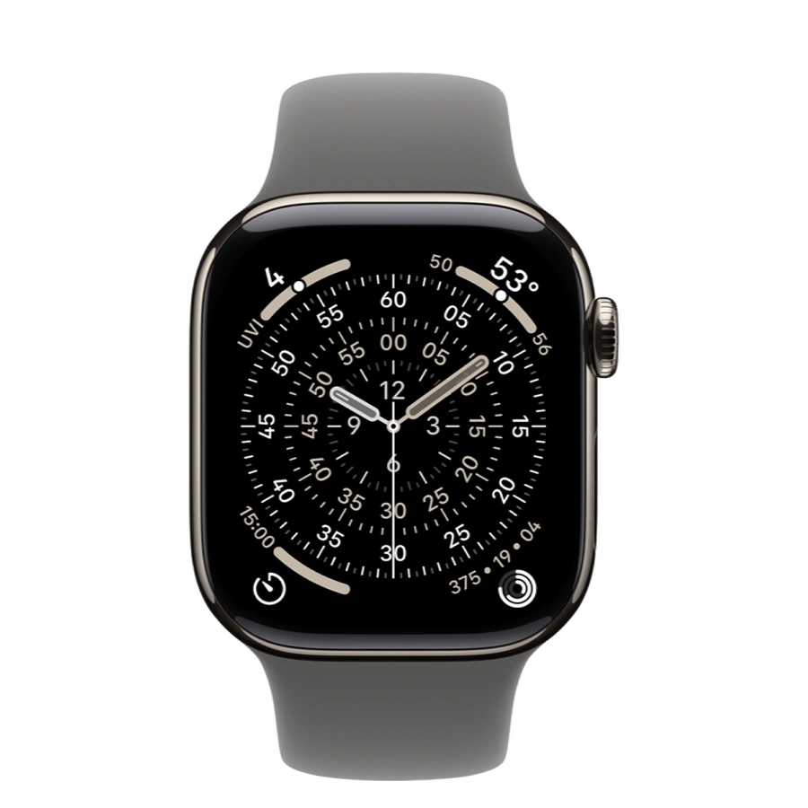 Apple Watch Series 11 GPS + Cellular 42mm Natural Titanium Case with Stone Gray Sport Band - S/M (MF8M4)