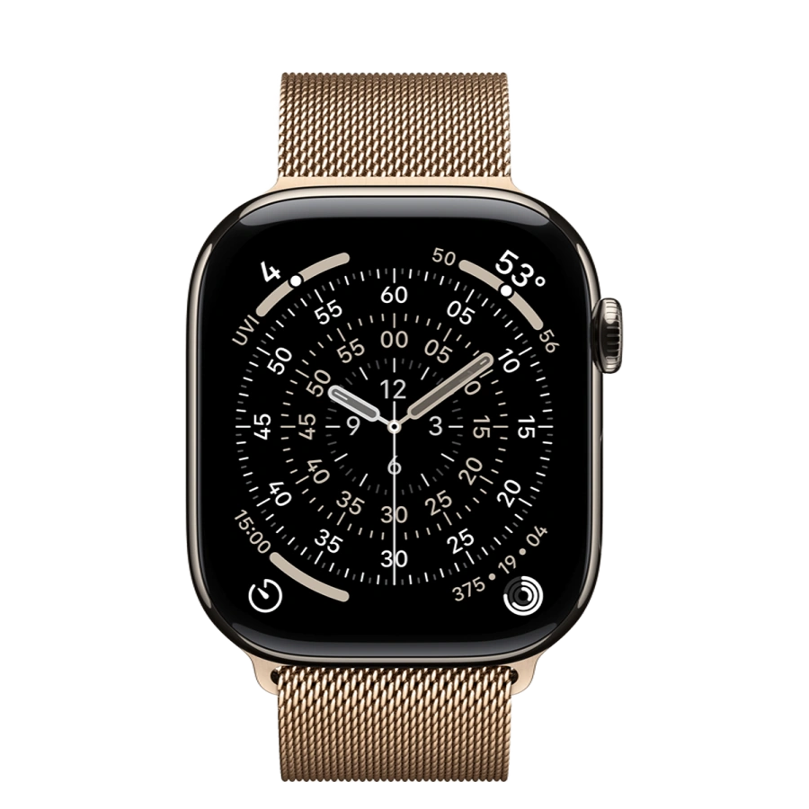 Apple Watch Series 11 GPS + Cellular 46mm Natural Titanium Case with Gold Milanese Loop - M/L (MFAY4+MGJ54)