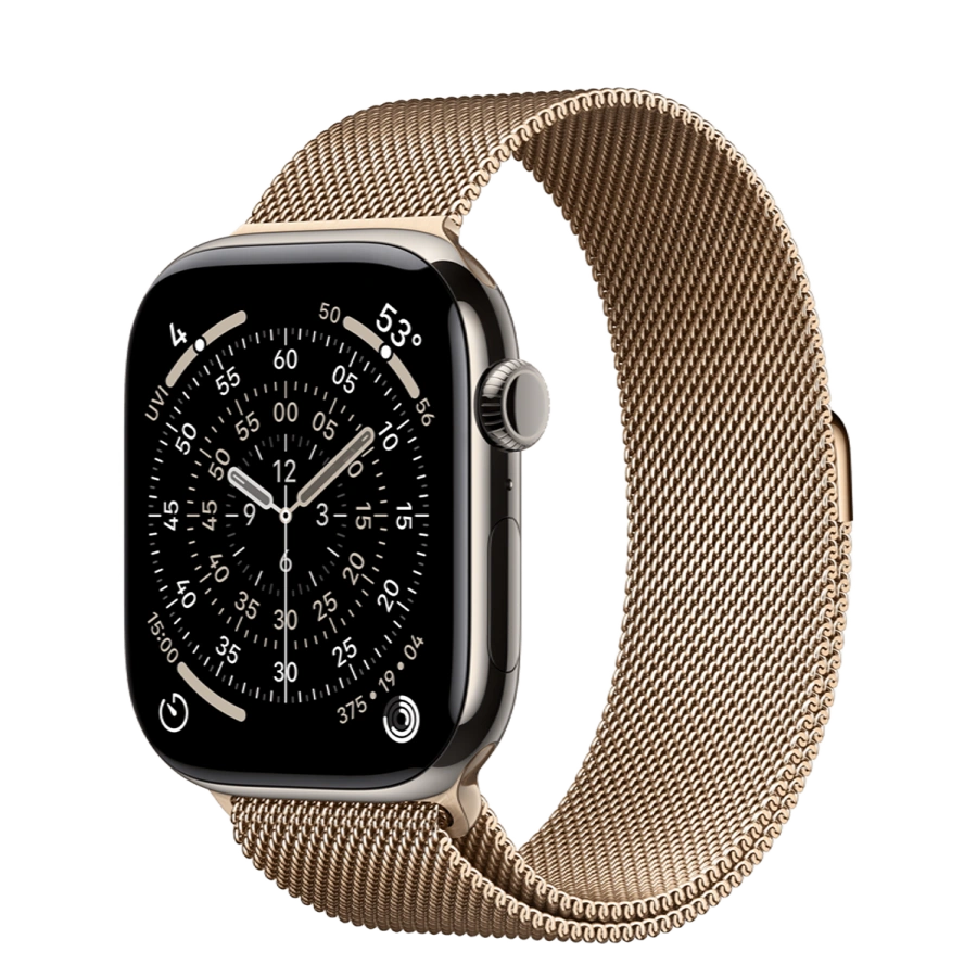 Apple Watch Series 11 GPS + Cellular 46mm Natural Titanium Case with Gold Milanese Loop - S/M (MFAY4+MGJ44)