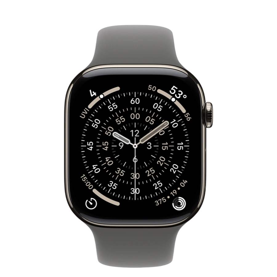 Apple Watch Series 11 GPS + Cellular 46mm Natural Titanium Case with Stone Gray Sport Band - S/M (MFCW4)