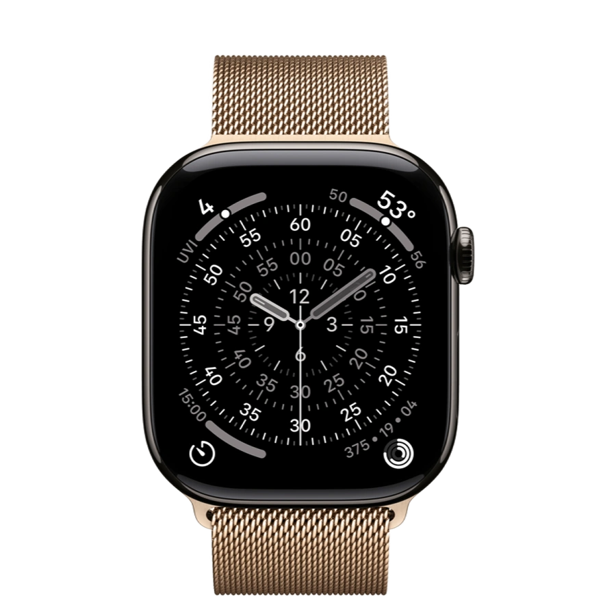 Apple Watch Series 11 GPS + Cellular 46mm Slate Titanium Case with Gold Milanese Loop - M/L (MFC14+MGJ54)