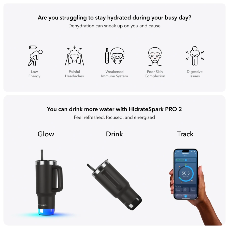 Умный стакан для воды и горячих напитков HidrateSpark PRO 2 Smart Tumbler 30 oz/887ml - Black