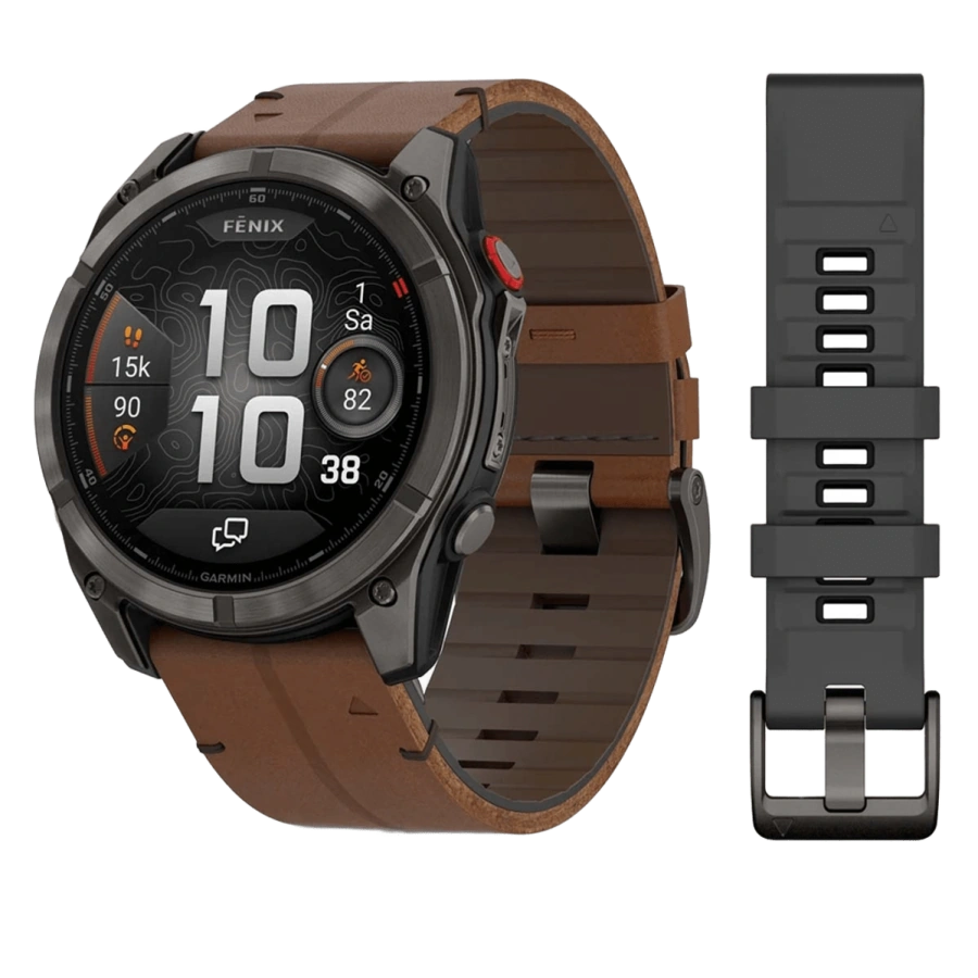 Смарт-годинник Garmin Fenix 8 Pro 51 mm AMOLED Sapphire - Carbon Gray DLC Titanium with QuickFit Leather Strap 26 mm + Black/Pebble Gray Silicone Band (010-03199-40)