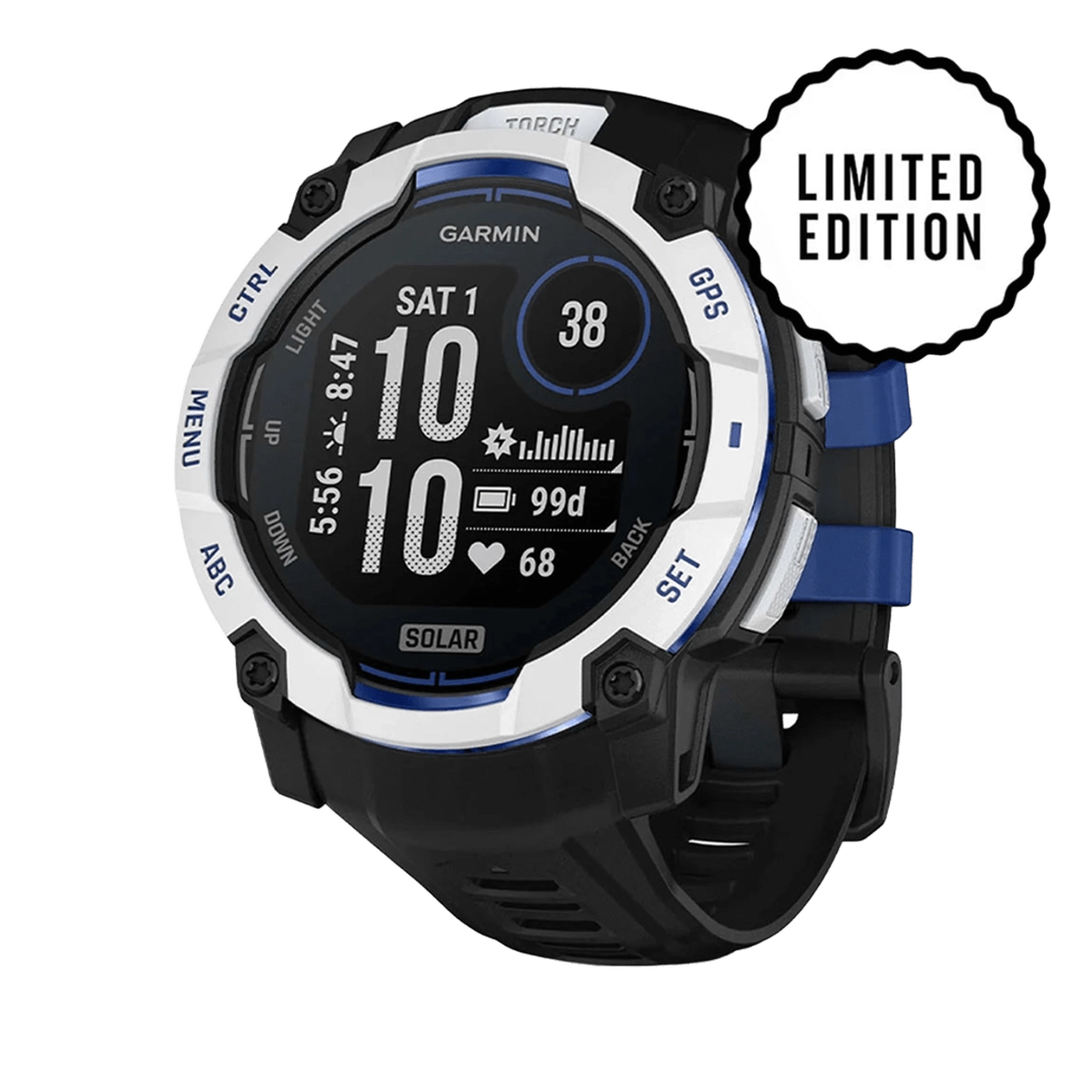 Смарт-годинник Garmin Instinct 3 50mm Solar Whitestone with Black/Bolt Blue Band (010-02935-03)