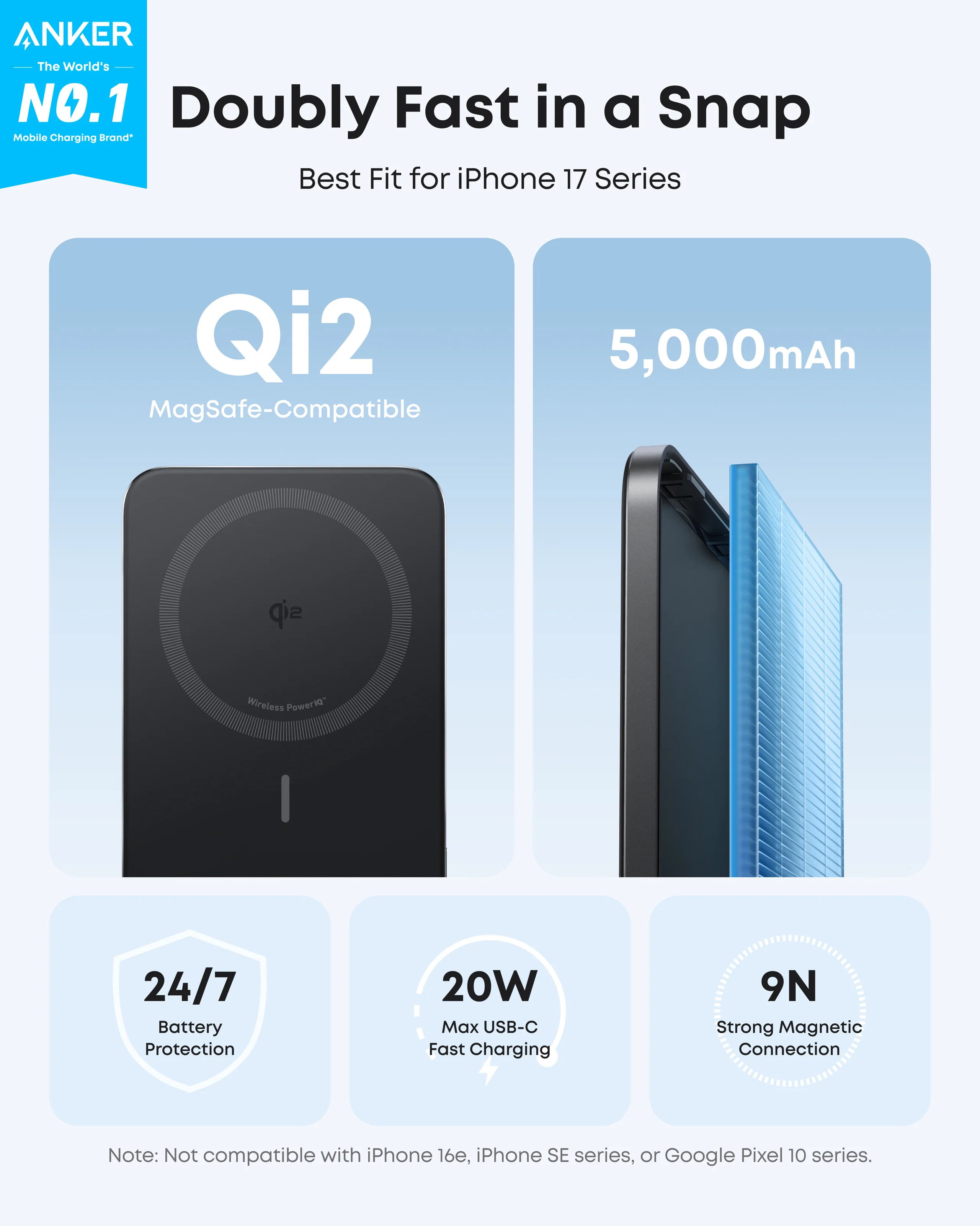 Магнітний павербанк Anker Nano Power Bank [5K, MagGo, Slim, Qi2] - Black (A1665011)
