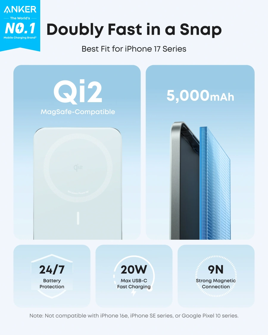 Магнитный павербанк Anker Nano Power Bank [5K, MagGo, Slim, Qi2] - Teal Oasis (A1665T)