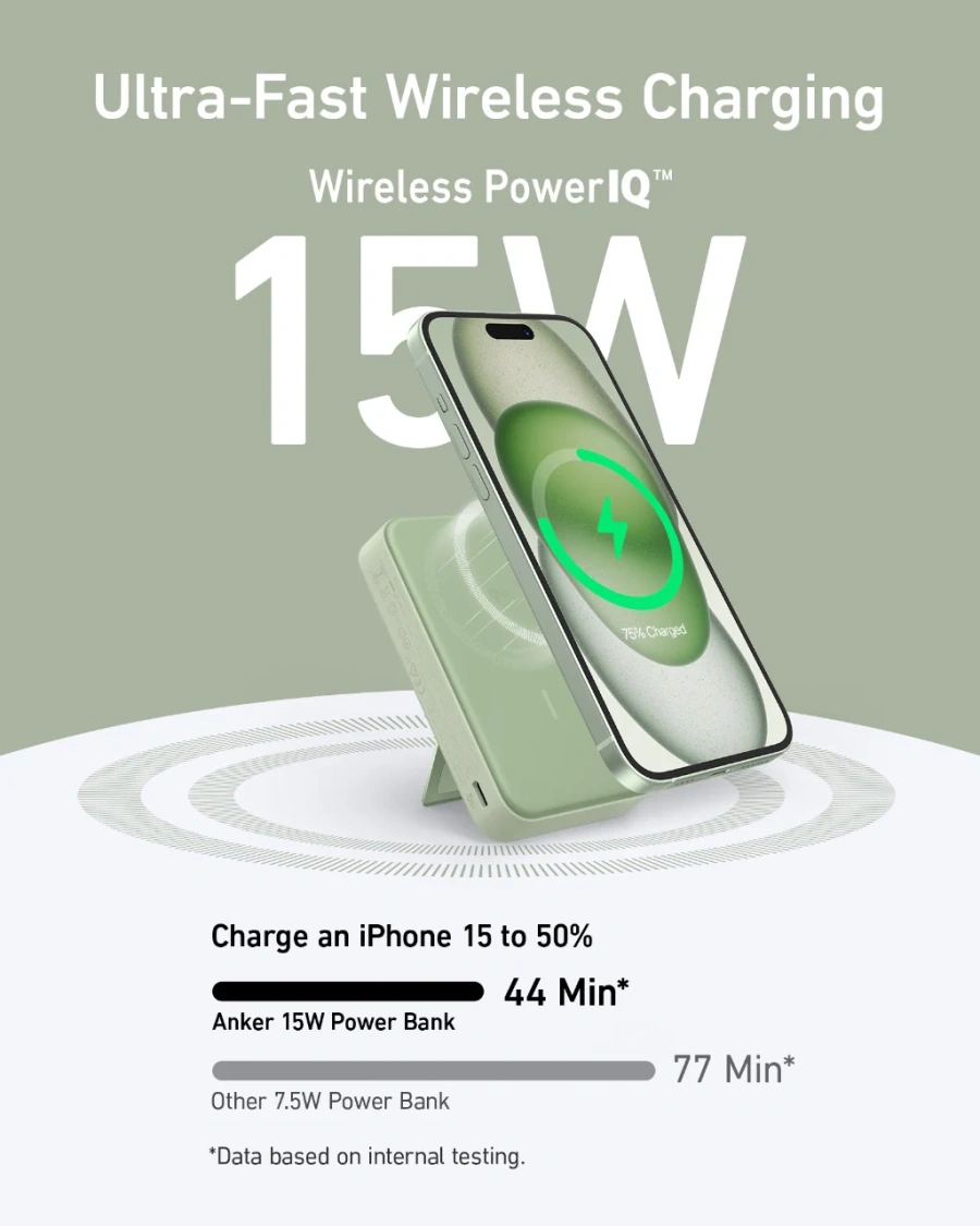 Магнітний павербенк екраном та підставкою Anker MagGo Power Bank 10K 15W Qi2 - Green [Buds Green] (A1654061)
