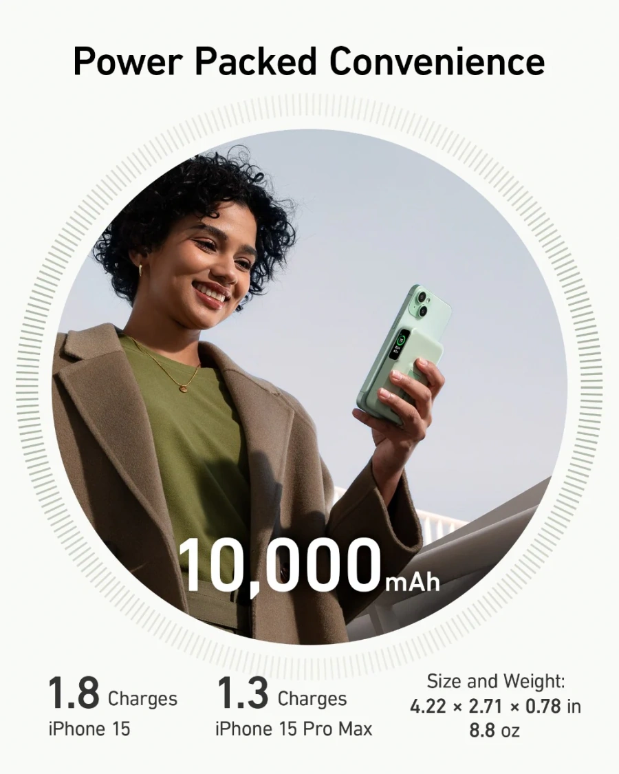 Магнітний павербенк екраном та підставкою Anker MagGo Power Bank 10K 15W Qi2 - Green [Buds Green] (A1654061)