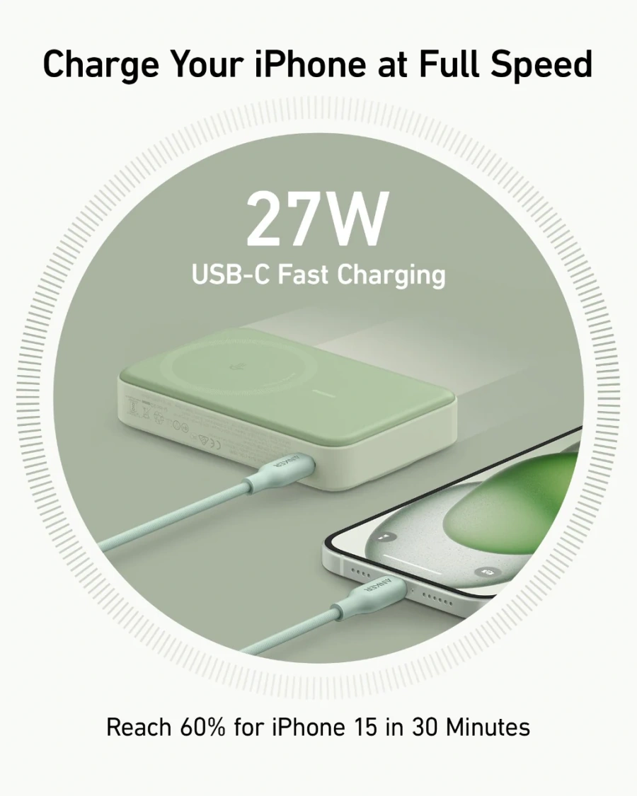 Магнітний павербенк екраном та підставкою Anker MagGo Power Bank 10K 15W Qi2 - Green [Buds Green] (A1654061)