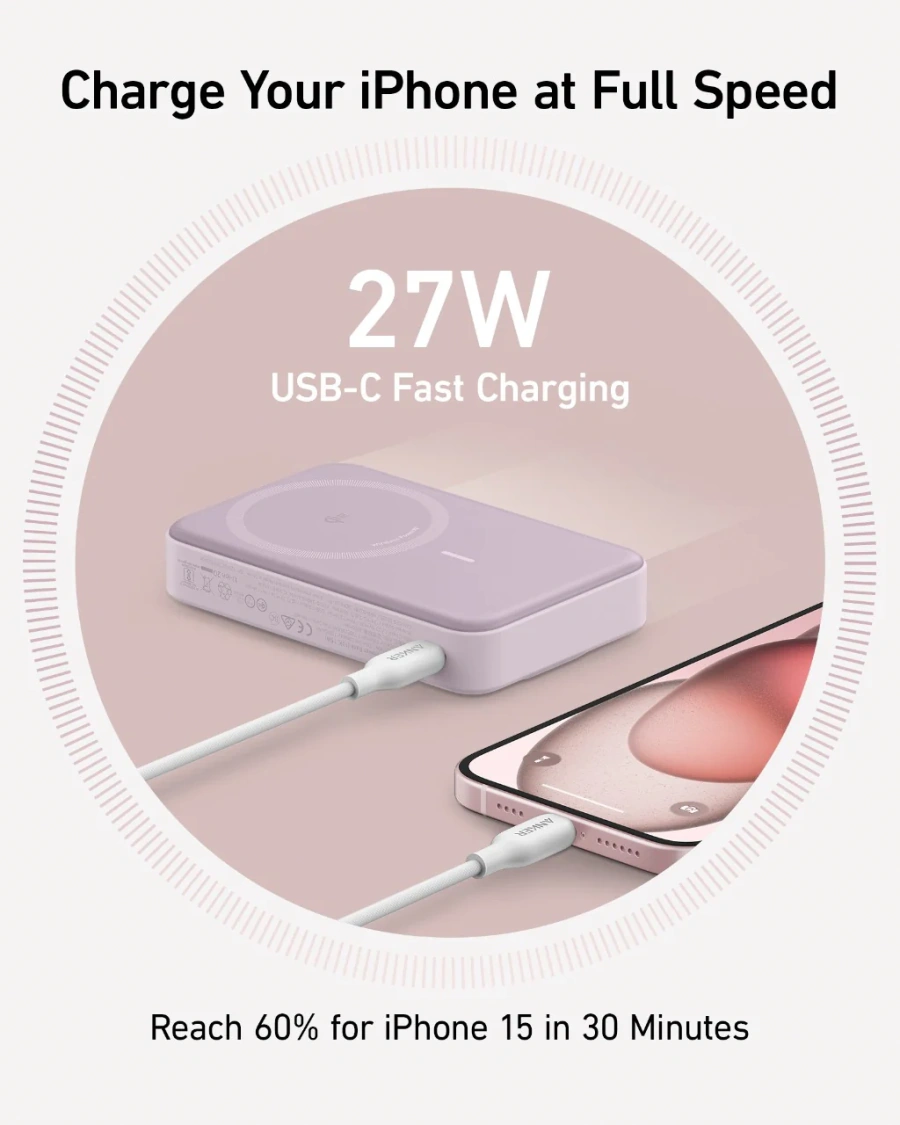 Магнітний павербенк екраном та підставкою Anker MagGo Power Bank 10K 15W Qi2 - Violet [Lotus Pink] (A16540V1)