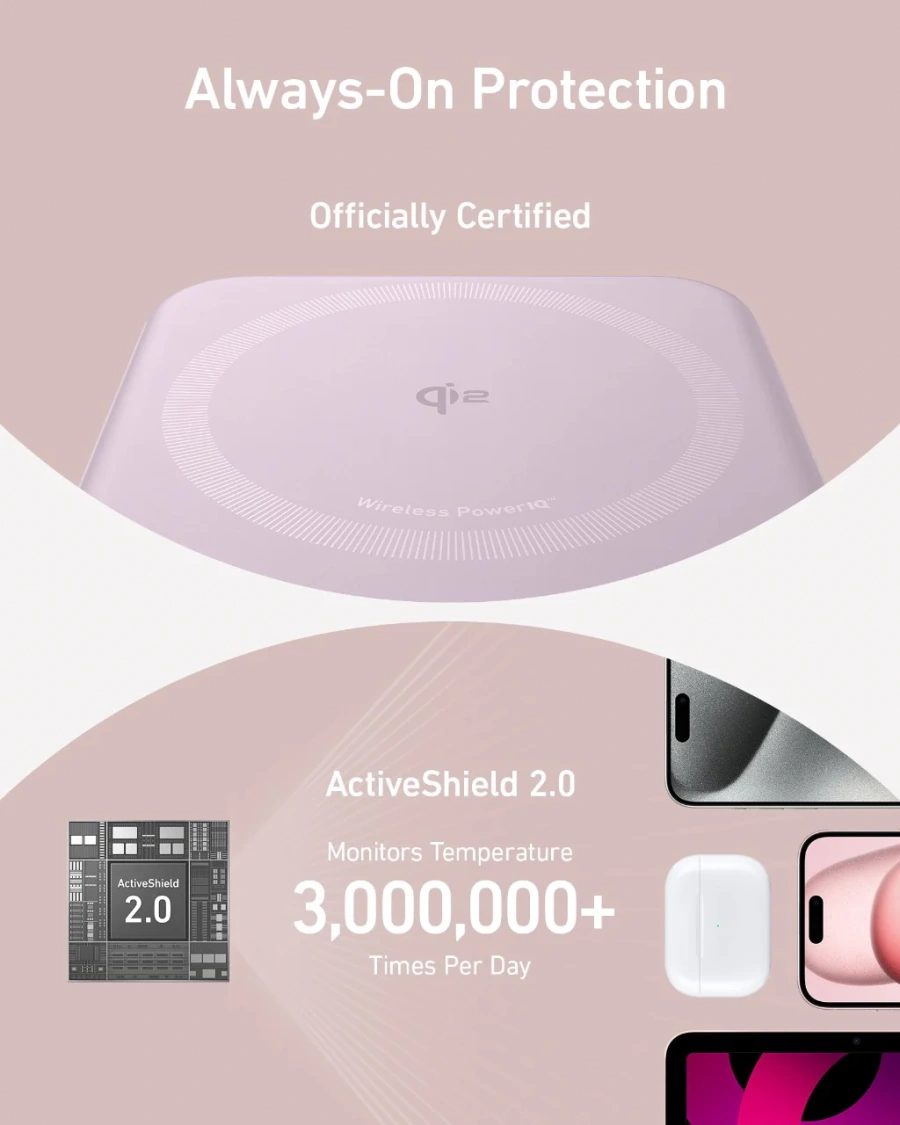 Магнітний павербенк екраном та підставкою Anker MagGo Power Bank 10K 15W Qi2 - Violet [Lotus Pink] (A16540V1)