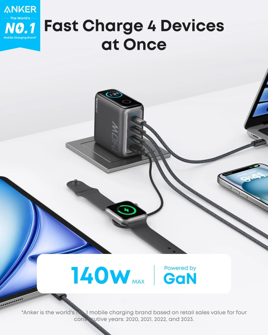 Зарядний пристрій з дисплеєм Anker 140W 4-Port USB-C Charger with USB-C Cable [PD 3.1, GaNPrime] - Dark Gray (B26973Z1, B2697GZ1)