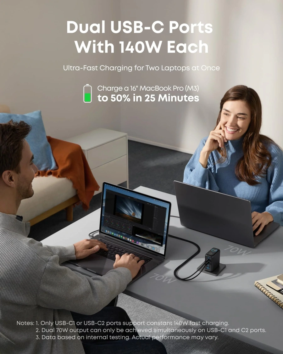 Зарядний пристрій з дисплеєм Anker 140W 4-Port USB-C Charger with USB-C Cable [PD 3.1, GaNPrime] - Dark Gray (B26973Z1, B2697GZ1)