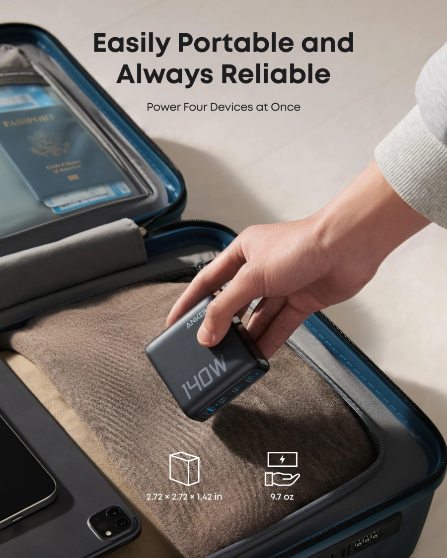 Зарядний пристрій з дисплеєм Anker 140W 4-Port USB-C Charger with USB-C Cable [PD 3.1, GaNPrime] - Dark Gray (B26973Z1, B2697GZ1)
