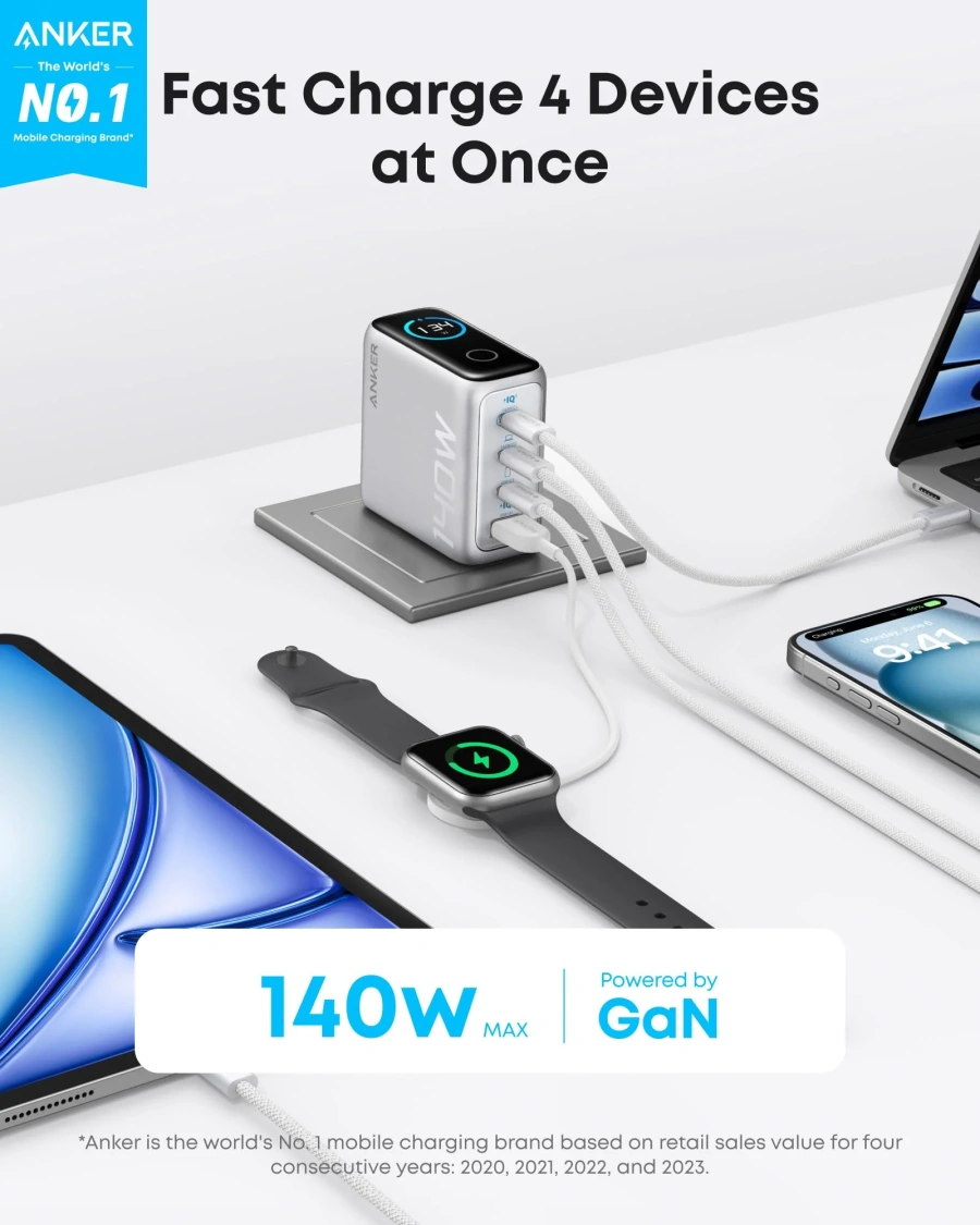 Зарядний пристрій з дисплеєм Anker 140W 4-Port USB-C Charger with USB-C Cable [PD 3.1, GaNPrime] - Silver (B2697341, B2697G41)