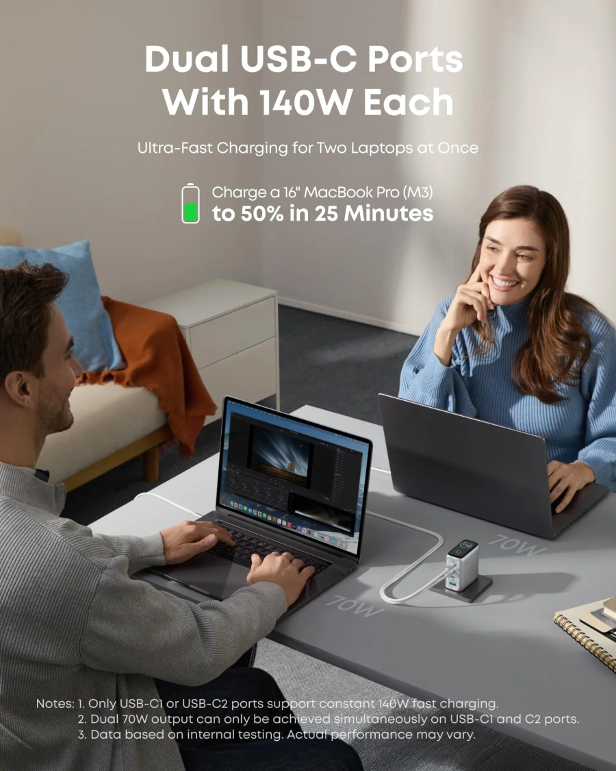 Зарядний пристрій з дисплеєм Anker 140W 4-Port USB-C Charger with USB-C Cable [PD 3.1, GaNPrime] - Silver (B2697341, B2697G41)