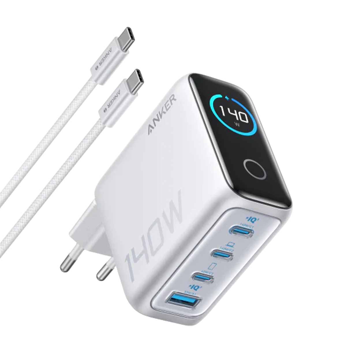 Зарядний пристрій Anker 140W 4-Port USB-C Charger with USB-C Cable [PD 3.1, GaNPrime] - Silver (A2697W)