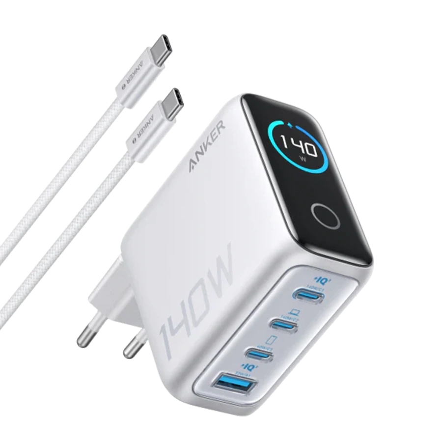 Зарядний пристрій з дисплеєм Anker 140W 4-Port USB-C Charger with USB-C Cable [PD 3.1, GaNPrime] - Silver (B2697341, B2697G41)