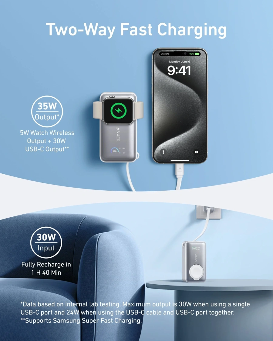 Зовнішній акумулятор [павербанк] Anker MagGo Power Bank 10000mAh 35W Power Bank for Apple Watch - Aurora White (A1657W)