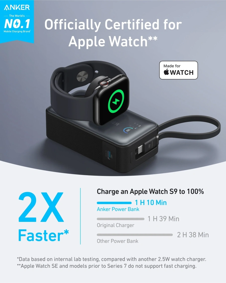 Зовнішній акумулятор [павербанк] Anker MagGo Power Bank 10000mAh 35W Power Bank for Apple Watch - Black Stone (A1657011)