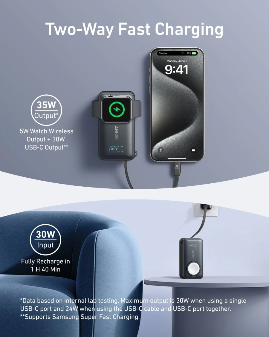Зовнішній акумулятор [павербанк] Anker MagGo Power Bank 10000mAh 35W Power Bank for Apple Watch - Black Stone (A1657011)