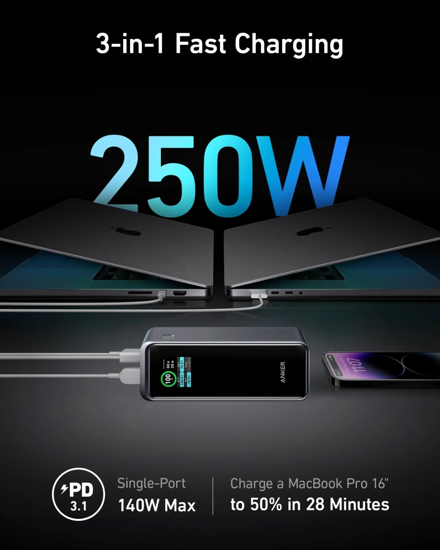 Внешний аккумулятор [павербанк] Anker Prime 27,650mAh Power Bank 250W with 100W Charging Base (A1340311+A1902311)