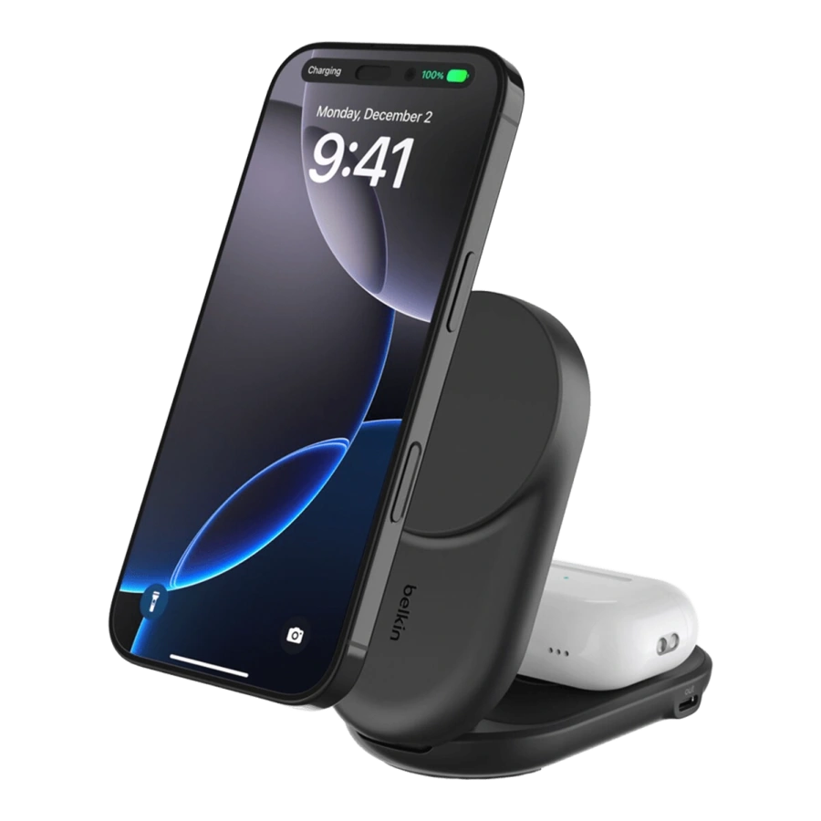 Беспроводное зарядное устройство Belkin UltraCharge 2-in-1 Foldable Magnetic Charger with Qi2 25W [Round Form] - Black (WIZ039kqBK)