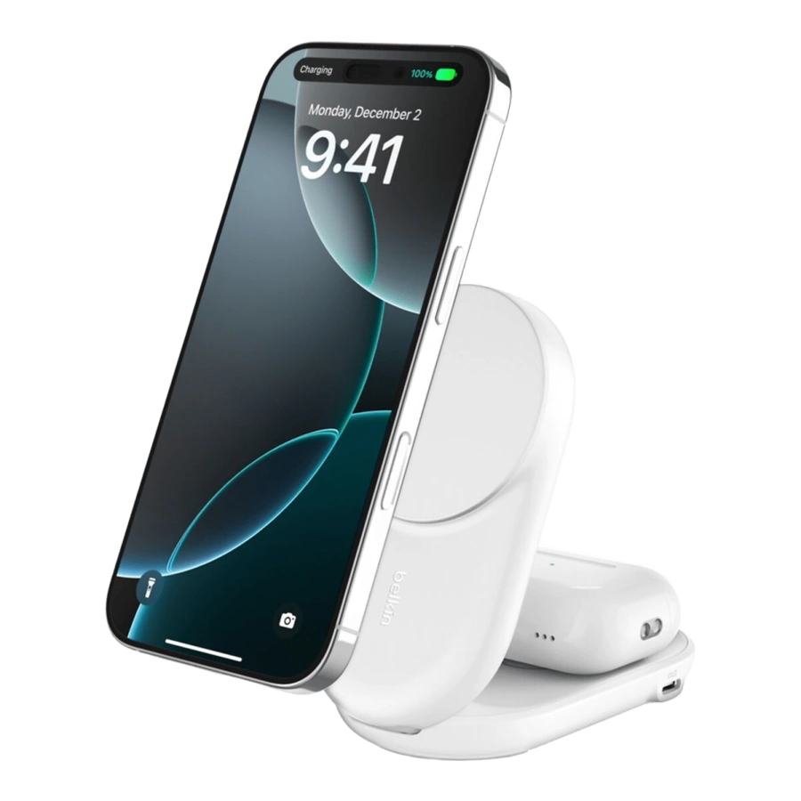 Беспроводное зарядное устройство Belkin UltraCharge 2-in-1 Foldable Magnetic Charger with Qi2 25W [Round Form] - White (WIZ039kqWH)