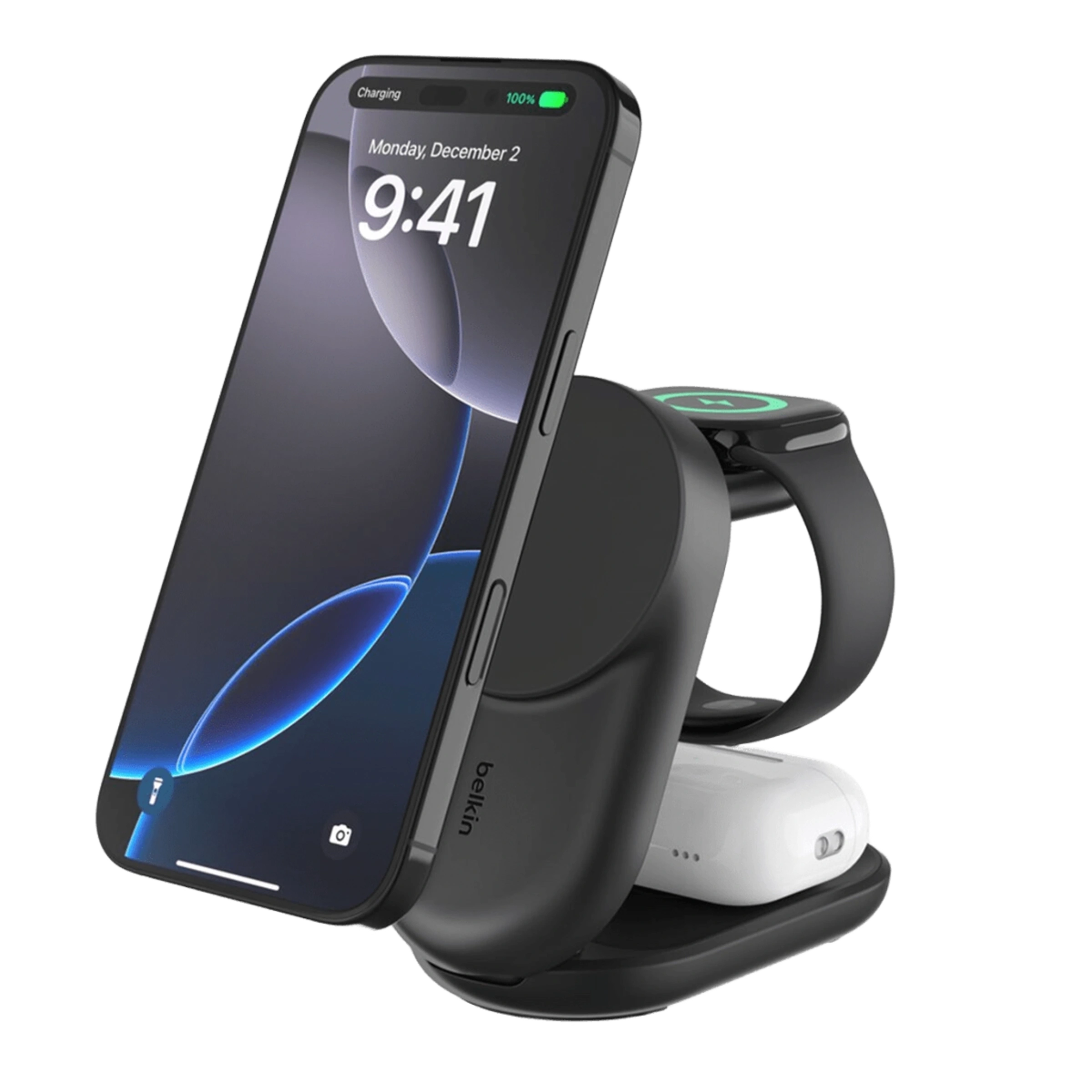 Беспроводное зарядное устройство Belkin UltraCharge 3-in-1 Foldable Magnetic Charger with Qi2 25W [Round Form] - Black (WIZ037ttBK)