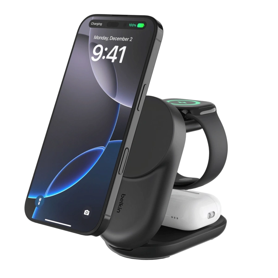 Беспроводное зарядное устройство Belkin UltraCharge 3-in-1 Foldable Magnetic Charger with Qi2 25W [Round Form] - Black (WIZ037ttBK)