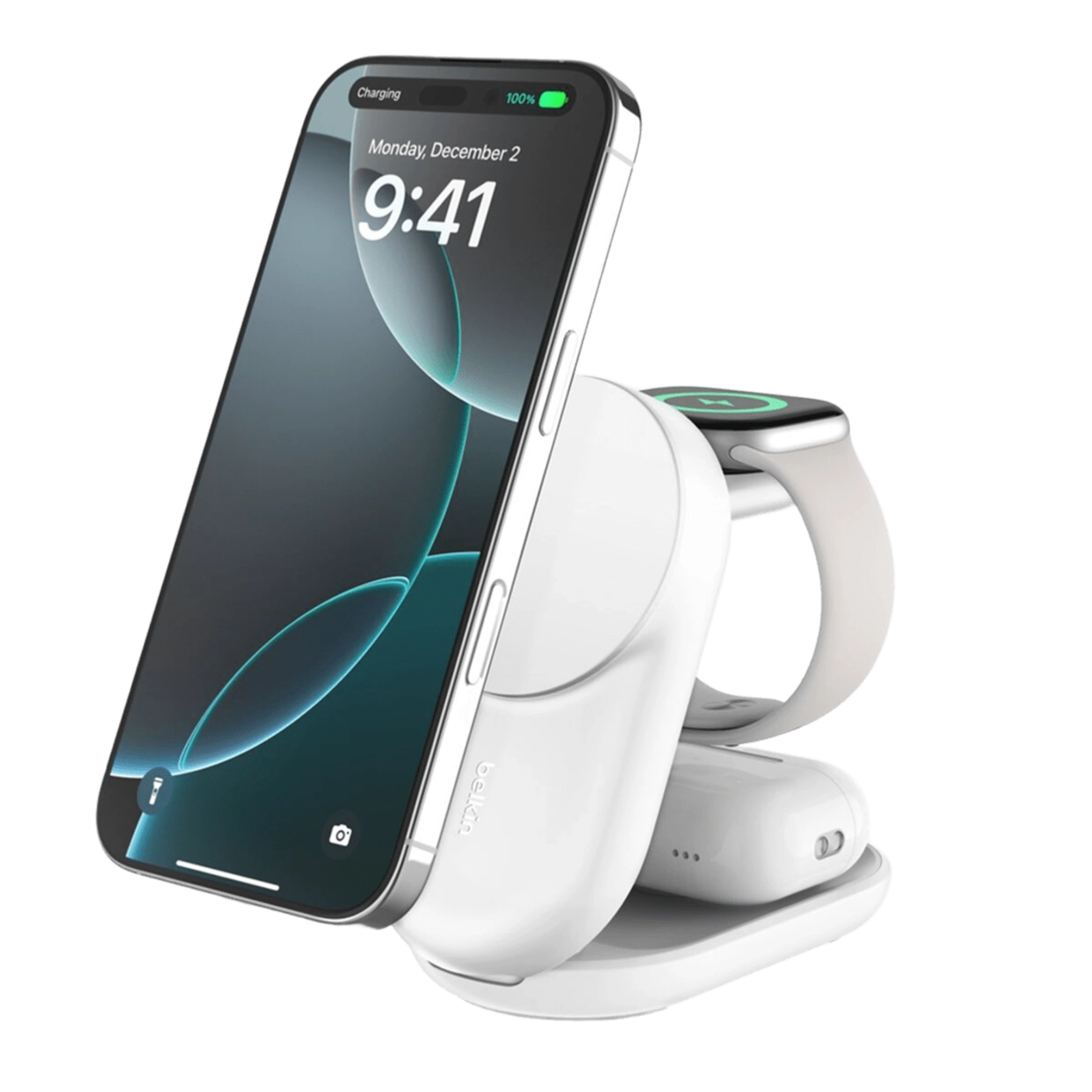 Беспроводное зарядное устройство Belkin UltraCharge 3-in-1 Foldable Magnetic Charger with Qi2 25W [Round Form] - White (WIZ037kqWH)