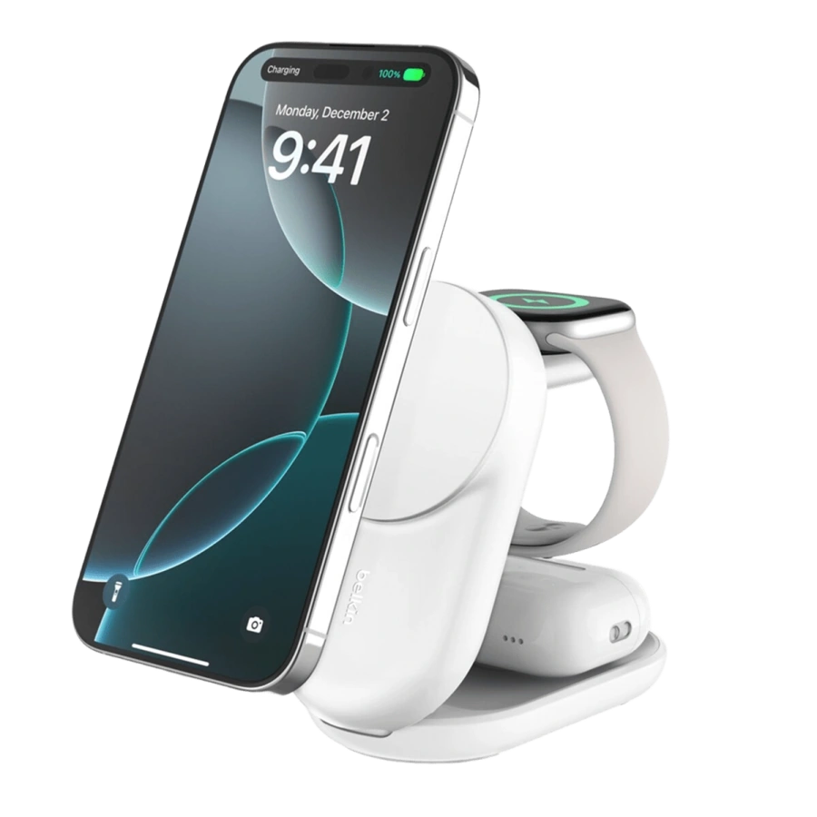 Беспроводное зарядное устройство Belkin UltraCharge 3-in-1 Foldable Magnetic Charger with Qi2 25W [Round Form] - White (WIZ037kqWH)