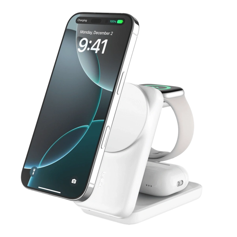 Беспроводное зарядное устройство Belkin UltraCharge 3-in-1 Foldable Magnetic Charger with Qi2 25W [Square Form] - White (WIZ036kqWH)