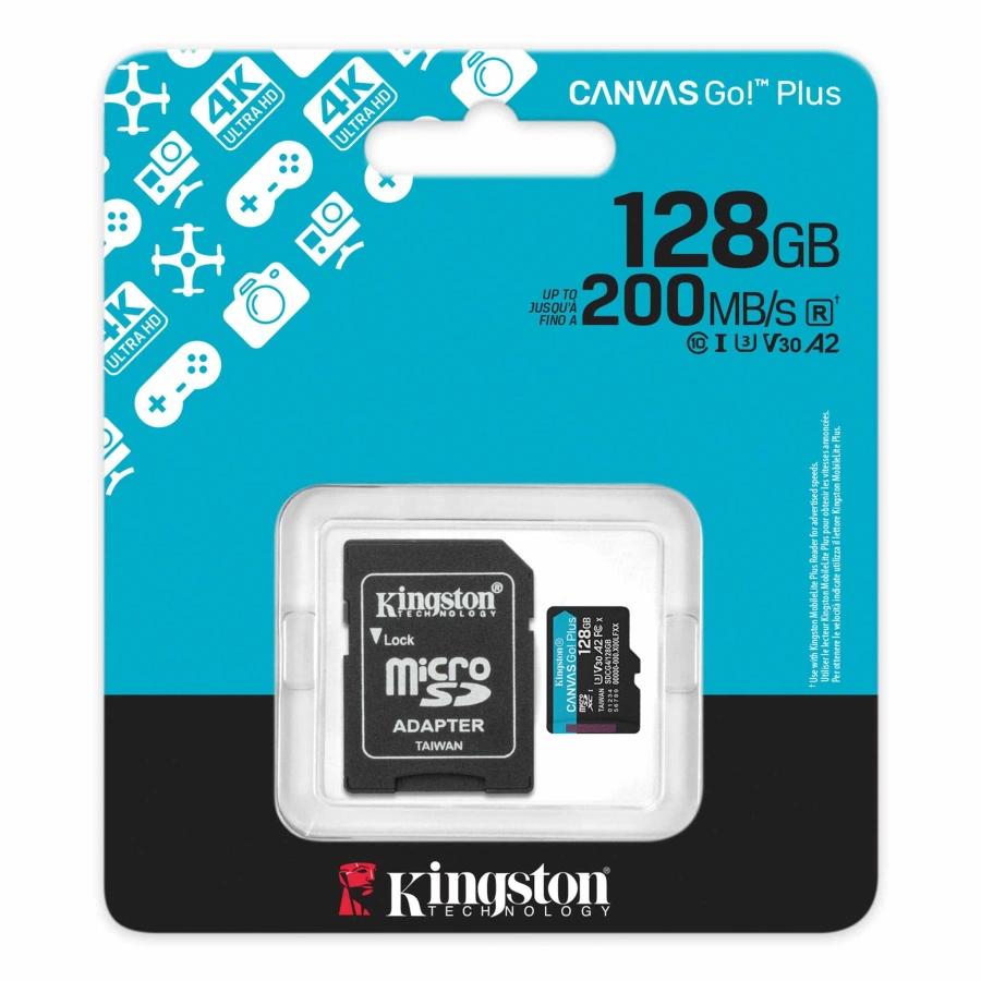 Карта памяти microSDXC UHS-1 U3 Kingston Canvas Go! Plus 128Gb class 10 A2 V30 R200MB/s + Adapter SD (SDCG4/128GB)