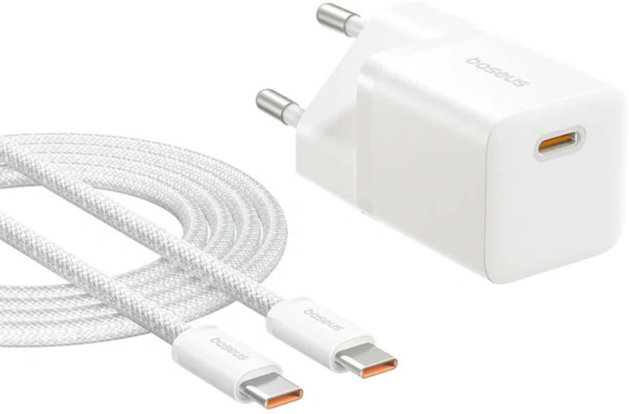 Мережевий зарядний пристрій з кабелем Baseus GaN5 Fast Charger mini 1C 20W EU Moon White (P10110900213-01)