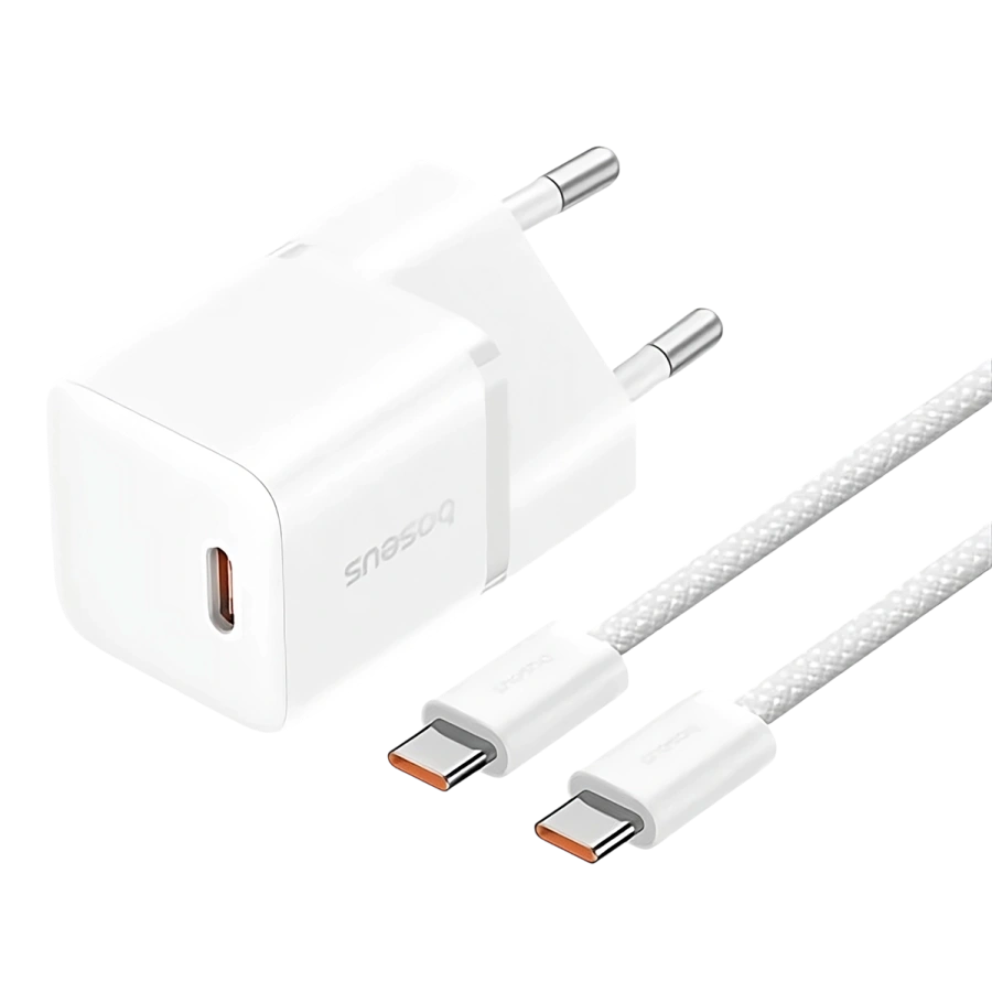 Мережевий зарядний пристрій з кабелем Baseus GaN5 Fast Charger mini 1C 20W EU Moon White (P10110900213-01)
