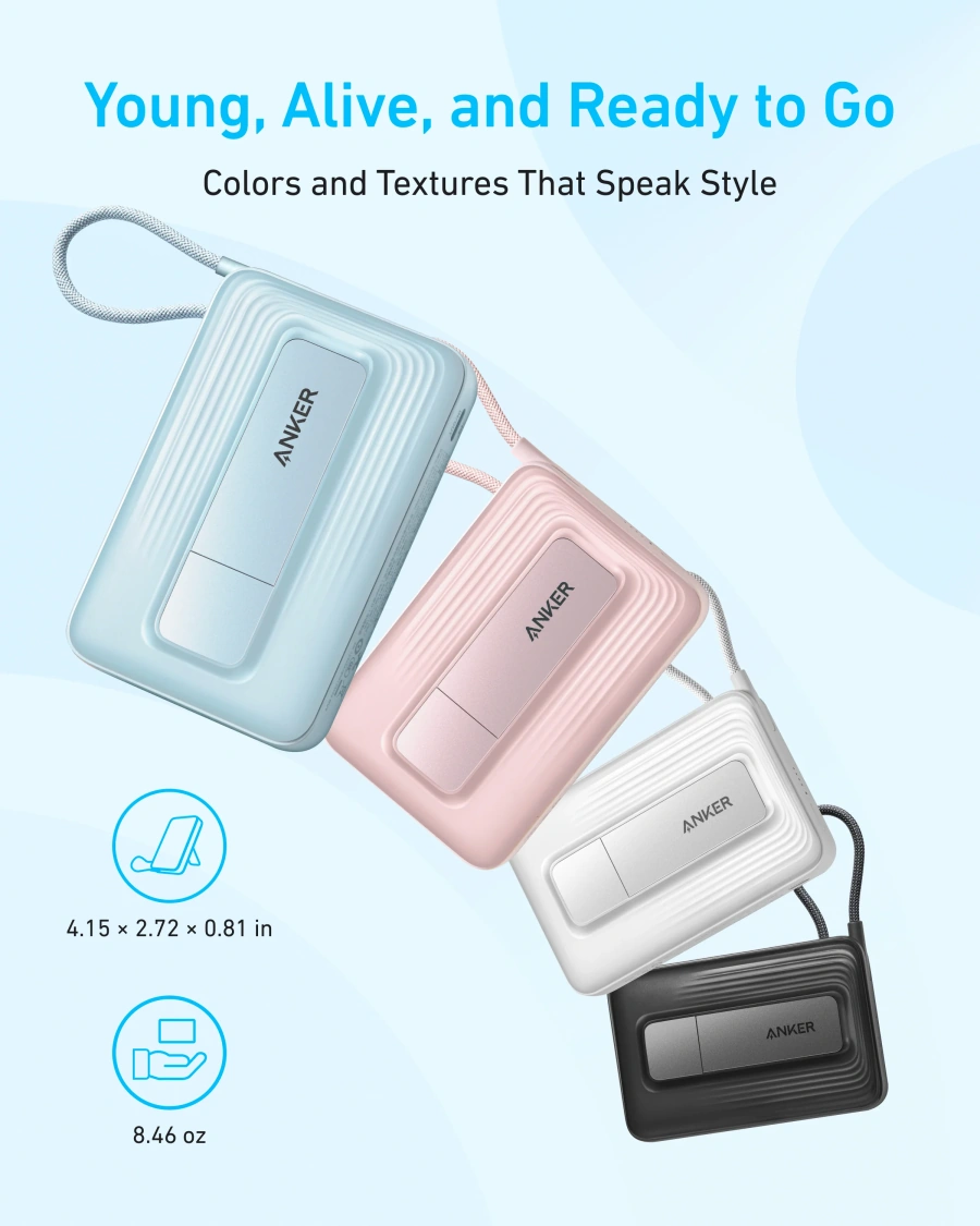Магнитный павербанк со встроенным кабелем и подставкой Anker Zolo Magnetic Power Bank 10000mAh 30W with Built-in USB-C Cable - Black (A1685011)