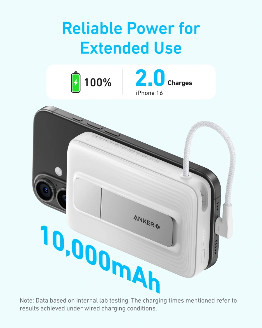 Магнитный павербанк со встроенным кабелем и подставкой Anker Zolo Magnetic Power Bank 10000mAh 30W with Built-in USB-C Cable - Black (A1685011)