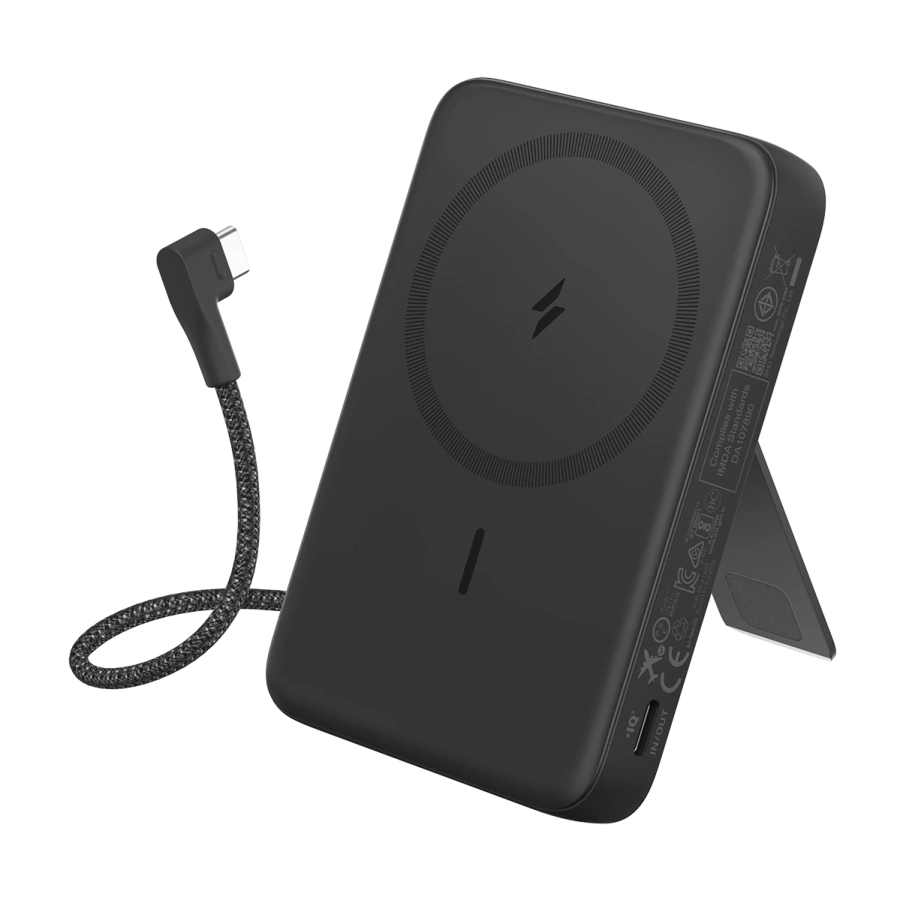 Магнитный павербанк со встроенным кабелем и подставкой Anker Zolo Magnetic Power Bank 10000mAh 30W with Built-in USB-C Cable - Black (A1685011)
