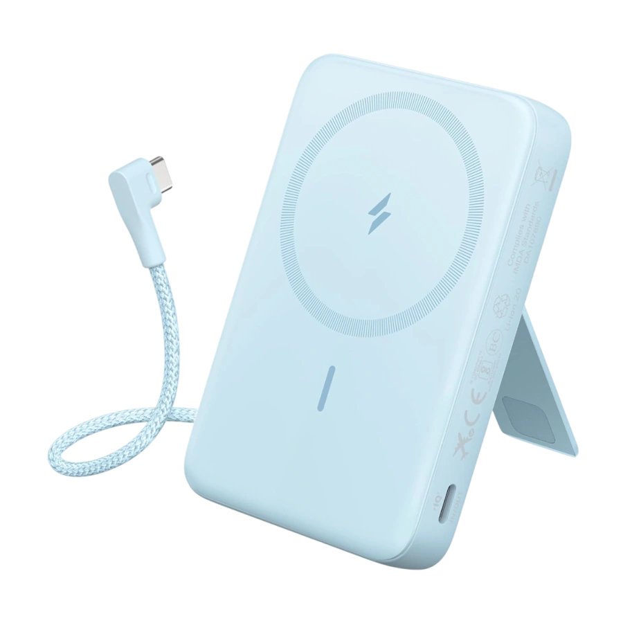 Магнитный павербанк со встроенным кабелем и подставкой Anker Zolo Magnetic Power Bank 10000mAh 30W with Built-in USB-C Cable - Blue (A1685031)