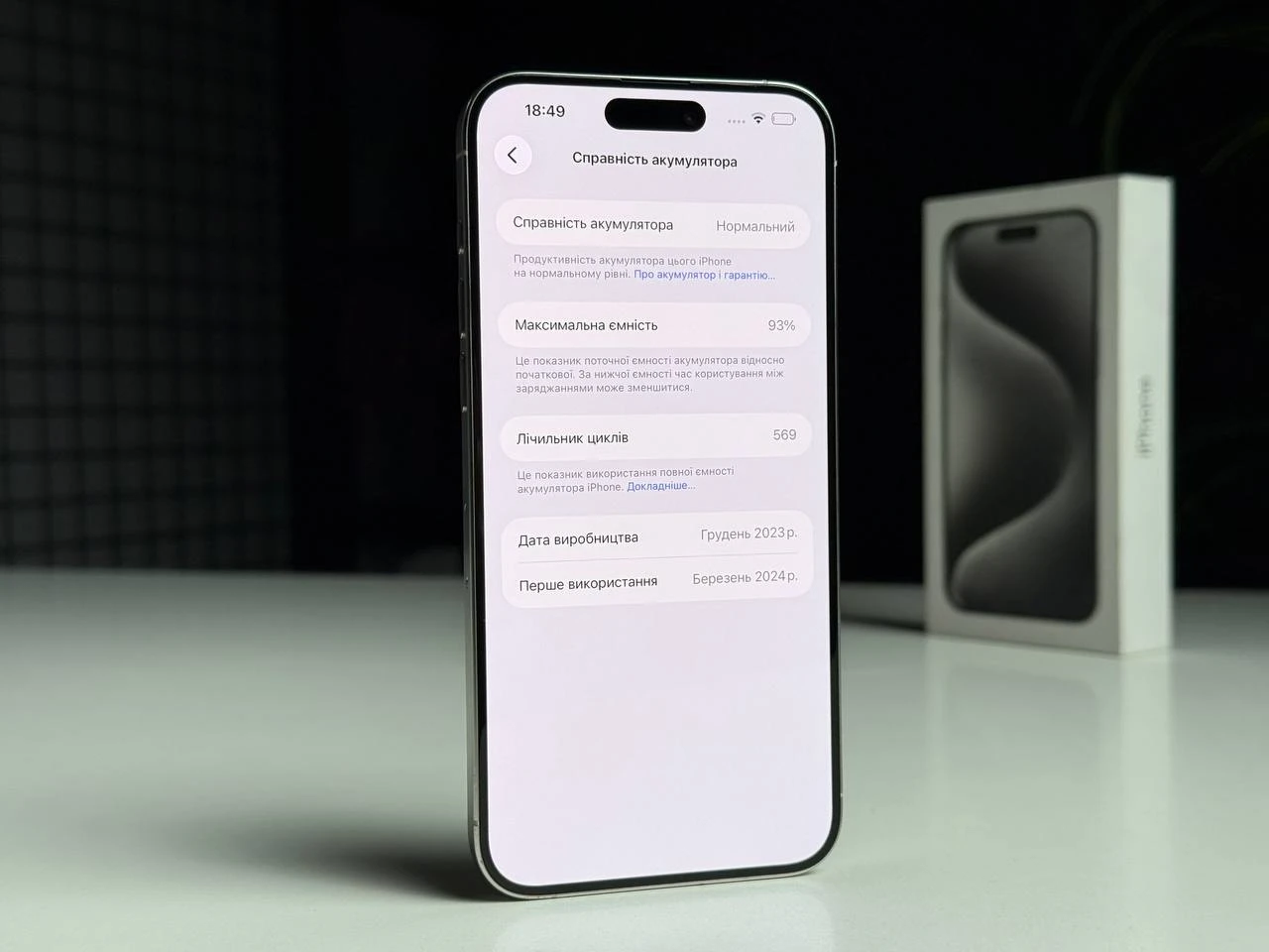 ВЖИВАНИЙ Б/У Apple iPhone 15 Pro Max 256GB White Titanium (MU783) - Состояние: хороший | Аккумулятор: 93% | Комплектация: полный | Гарантія: 3 мес.