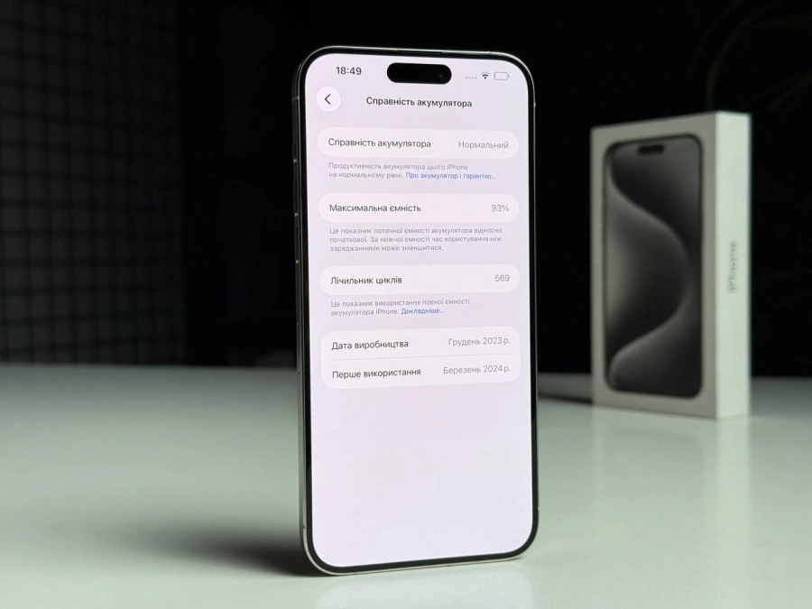 ВЖИВАНИЙ Б/У Apple iPhone 15 Pro Max 256GB White Titanium (MU783) - Состояние: хороший | Аккумулятор: 93% | Комплектация: полный | Гарантія: 3 мес.