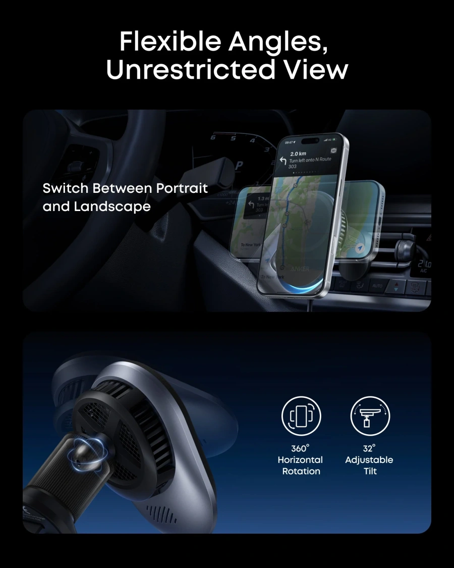 Беспроводное автомобильное зарядное устройство с охлаждением Anker Prime Wireless Car Charger 25W, Qi2, AirCool (A2933, B2933)