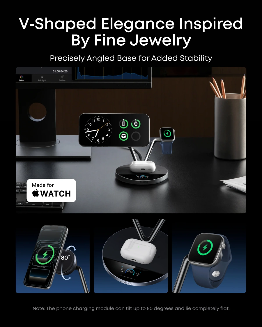 Умная беспроводная зарядная станция с дисплеем и охлаждением Anker Prime Wireless 3-in-1 Charging Station 25W, Qi2, AirCool, Dock Stand (B25X7G11)