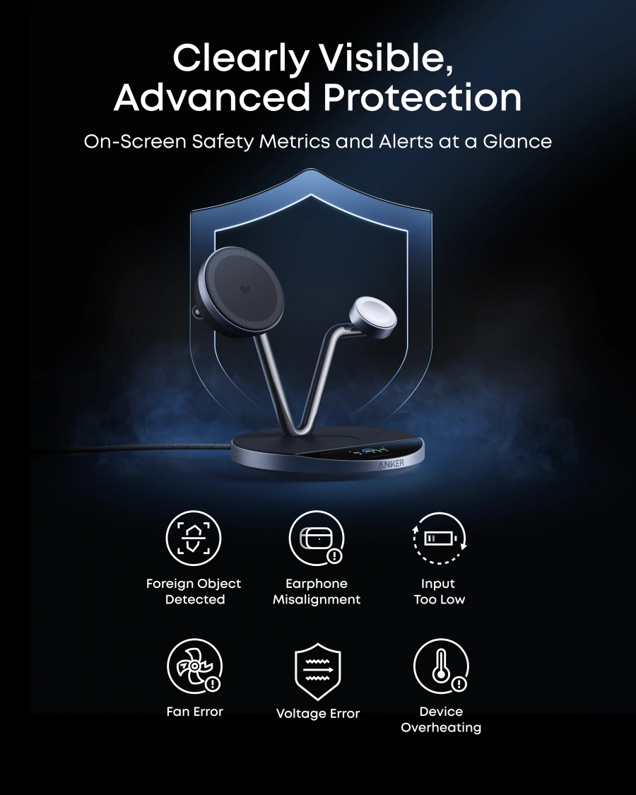 Умная беспроводная зарядная станция с дисплеем и охлаждением Anker Prime Wireless 3-in-1 Charging Station 25W, Qi2, AirCool, Dock Stand (B25X7G11)