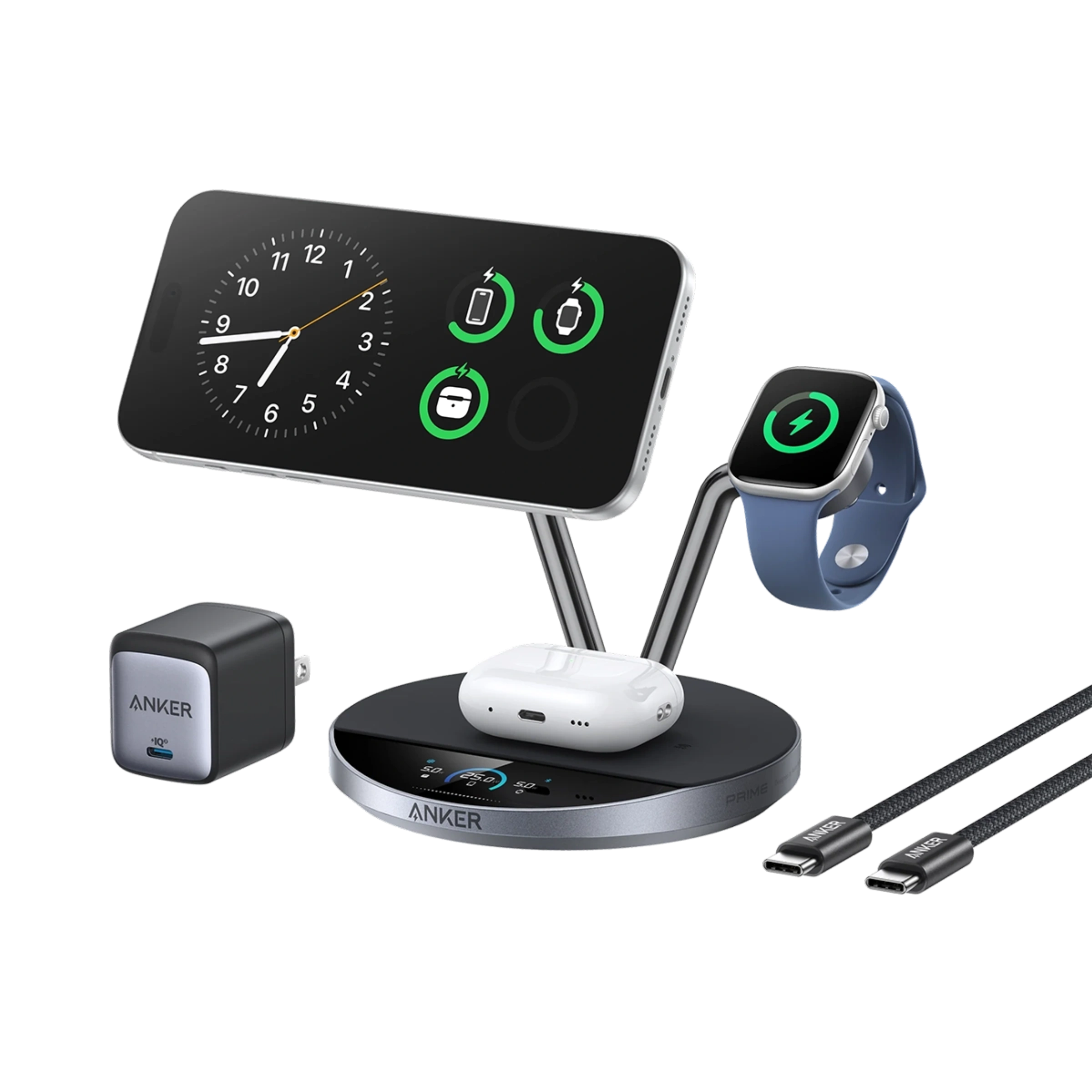 Розумна бездротова зарядна станція з дисплеєм та охолодженям Anker Prime Wireless 3-in-1 Charging Station 25W, Qi2, AirCool, Dock Stand (B25X7)