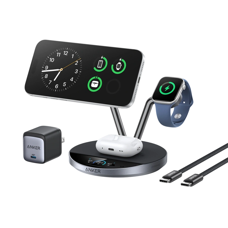 Умная беспроводная зарядная станция с дисплеем и охлаждением Anker Prime Wireless 3-in-1 Charging Station 25W, Qi2, AirCool, Dock Stand (B25X7G11)
