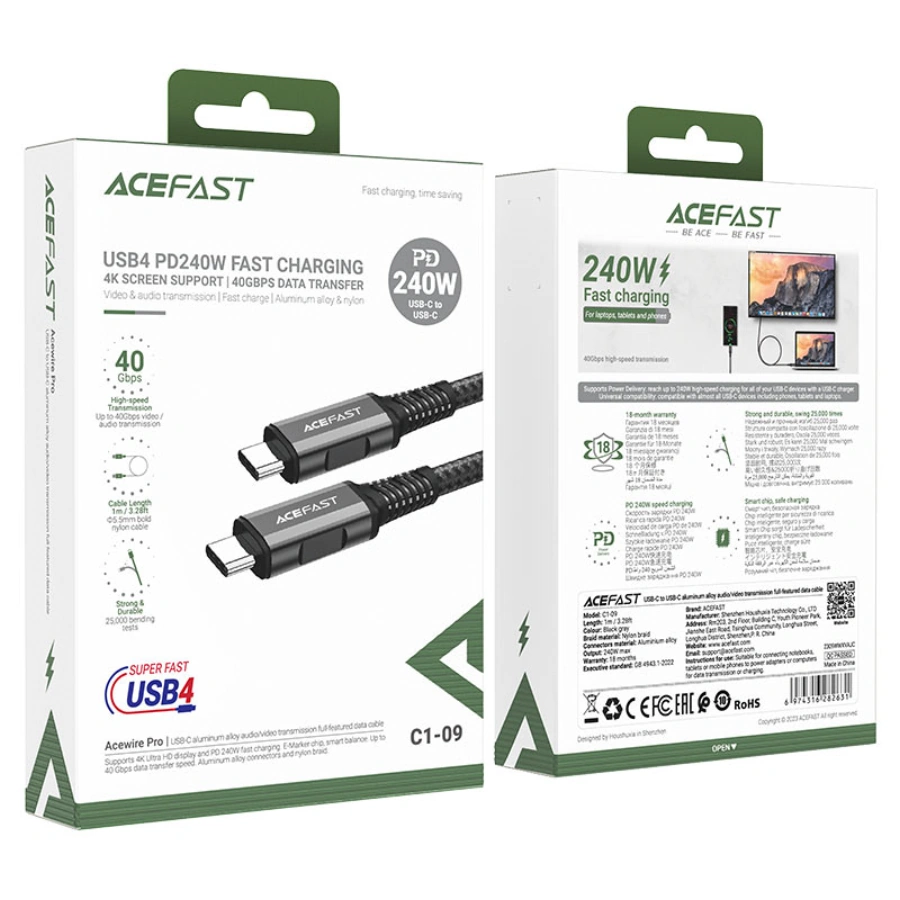 Кабель ACEFAST C1-09 240W USB-C to USB-C cable - Black (6974316282631)