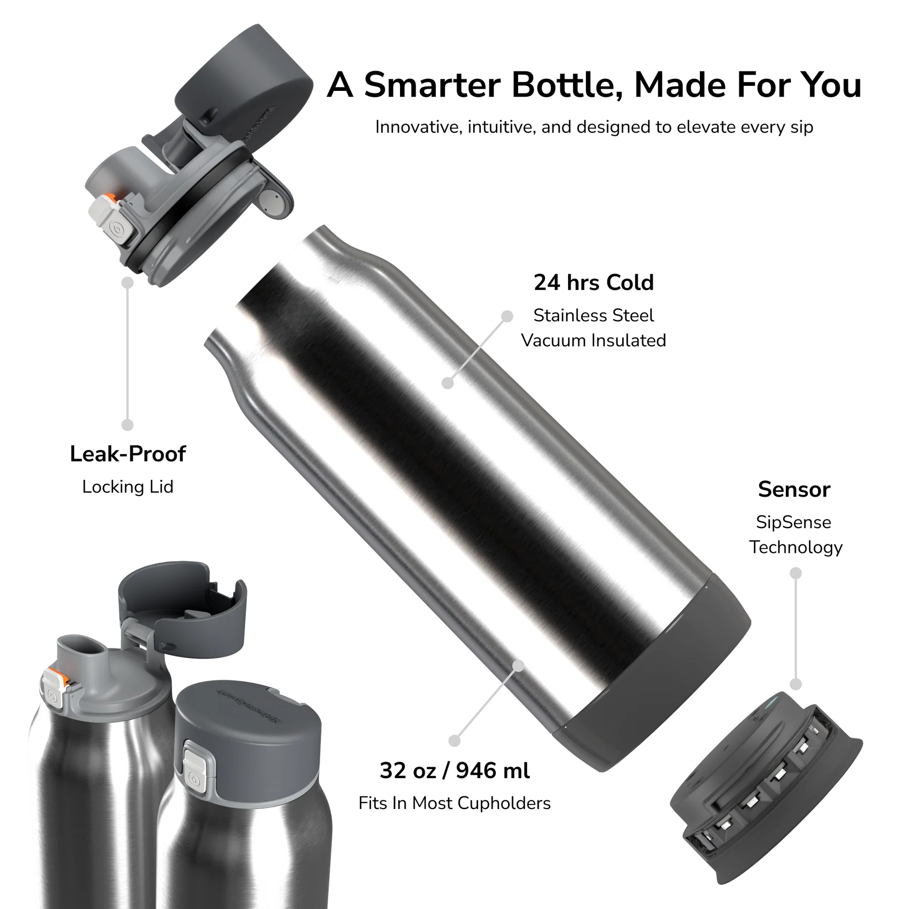 Розумна пляшка для води HidrateSpark PRO STEEL 32 oz/946 ml - Silver (HI-009-007)