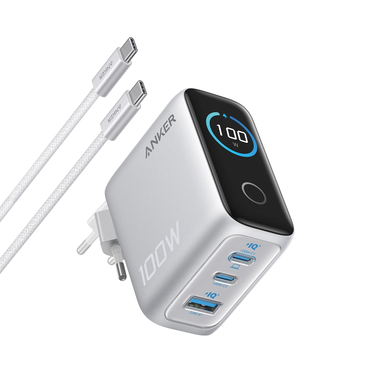 Зарядний пристрій з дисплеєм Anker 100W 3-Ports GaN Charger with Smart Display and USB-C Cable - Silver (B121S)